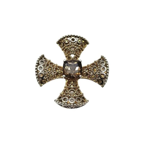 Smokey Quartz Brown Rhinestone Sterling Silver .925 Cross Patty Pendant